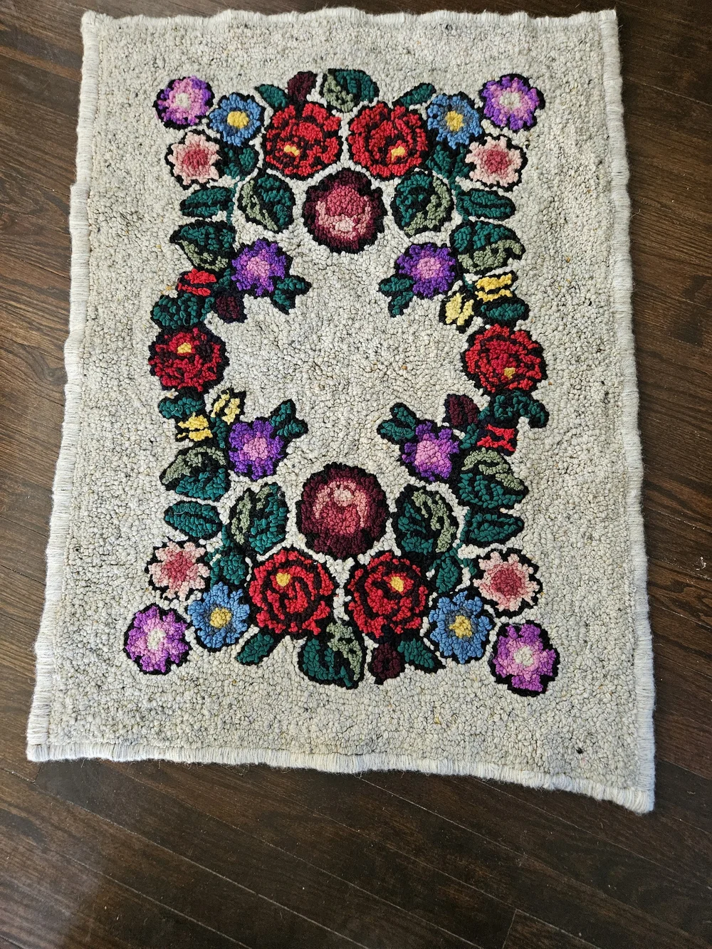 Hand Hooked Floral Wool Rug with Red & Purple Blooms